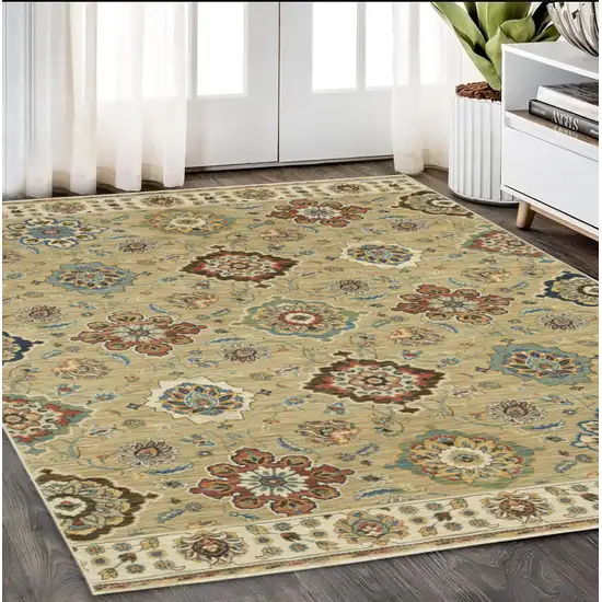 Tan Ivory And Brown Floral Area Rug With Fringe Photo 1