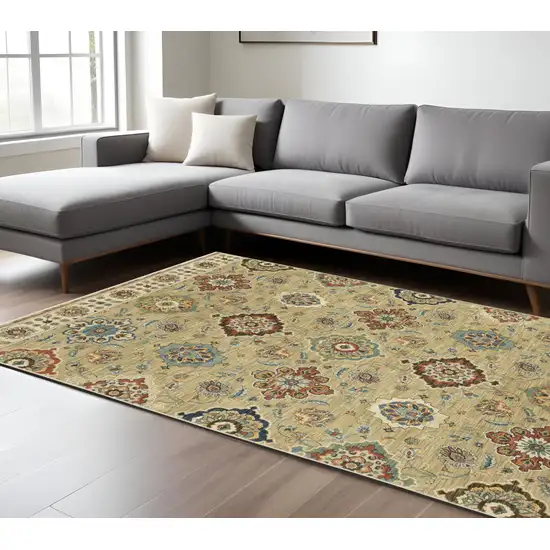 Tan Ivory And Brown Floral Area Rug With Fringe Photo 1