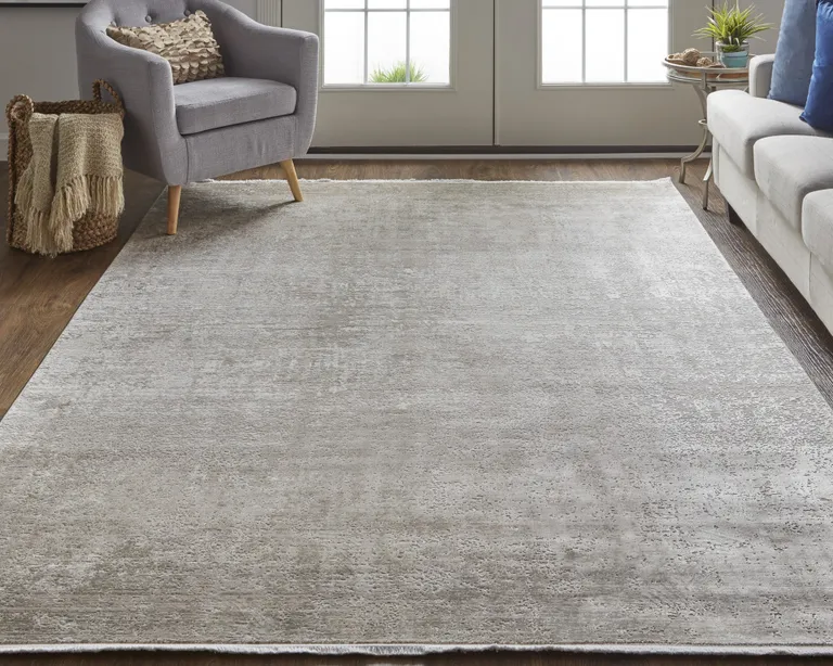 Tan Ivory And Gray Abstract Power Loom Distressed Area Rug With Fringe Photo 3