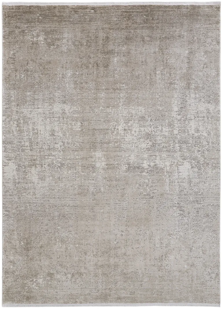 Tan Ivory And Gray Abstract Power Loom Distressed Area Rug With Fringe Photo 1