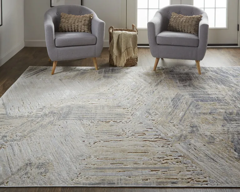 Tan Ivory And Gray Abstract Power Loom Distressed Area Rug Photo 1