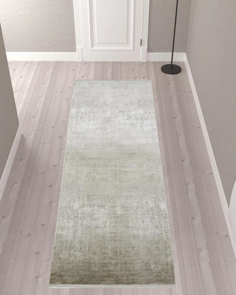 Tan Ivory And Gray Abstract Power Loom Distressed Runner Rug With Fringe Photo 2