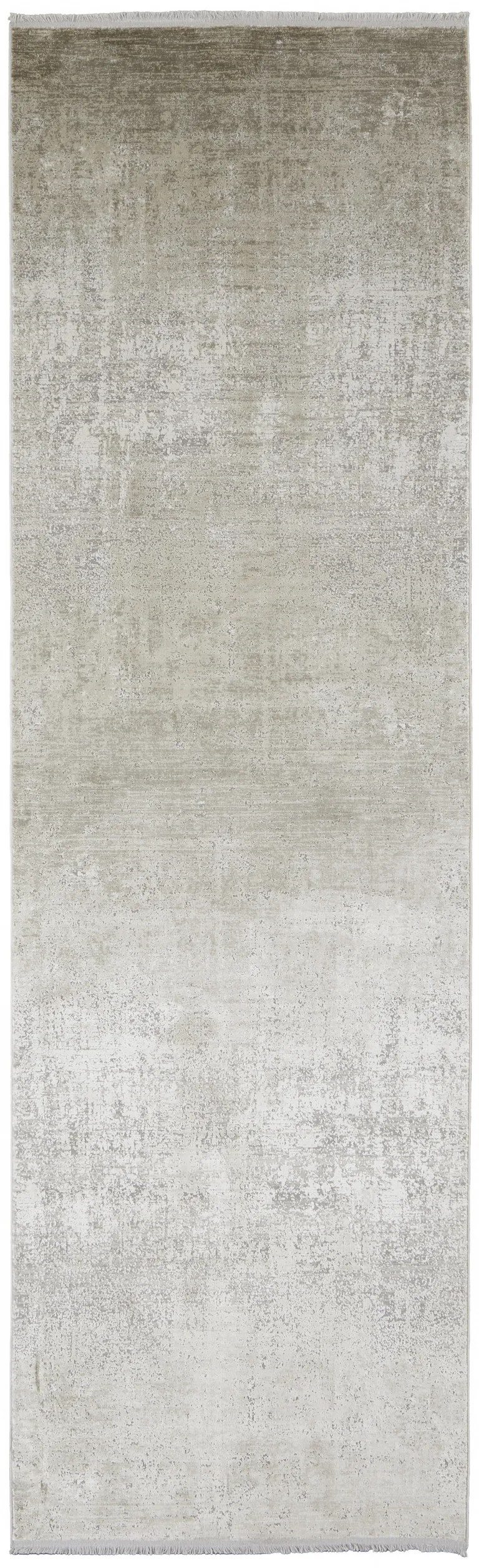 Tan Ivory And Gray Abstract Power Loom Distressed Runner Rug With Fringe Photo 1