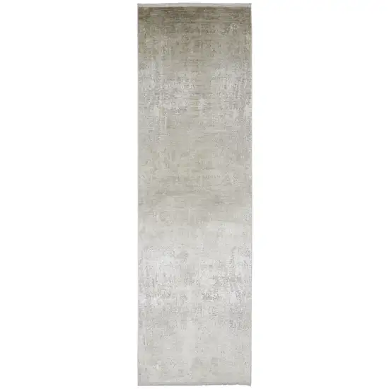 Tan Ivory And Gray Abstract Power Loom Distressed Runner Rug With Fringe Photo 1