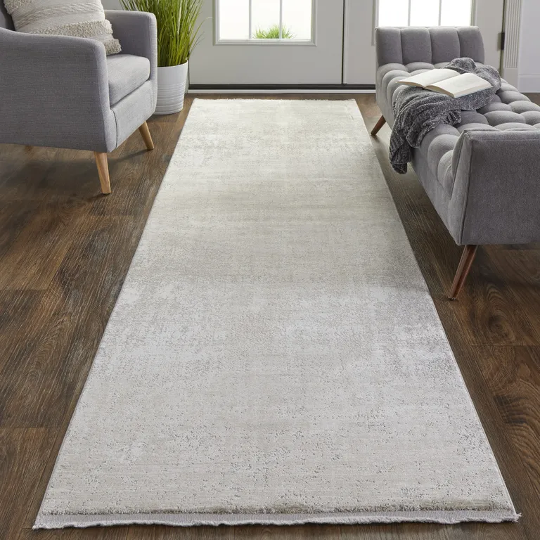 Tan Ivory And Gray Abstract Power Loom Distressed Runner Rug With Fringe Photo 4