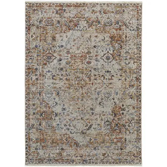 Tan Ivory And Orange Floral Power Loom Area Rug With Fringe Photo 1