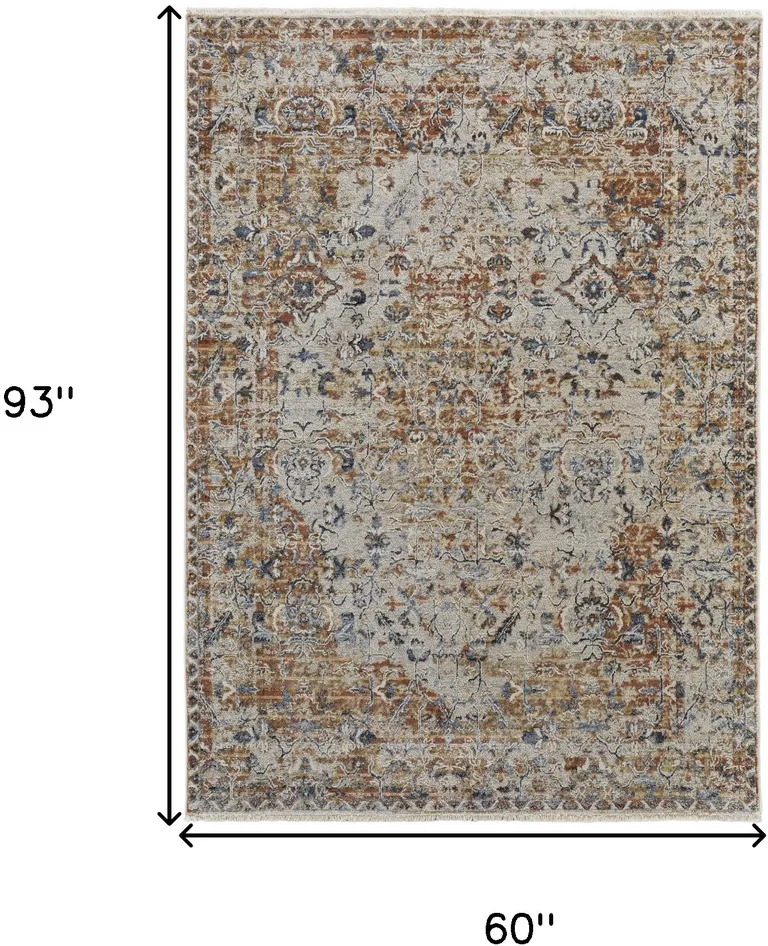 Tan Ivory And Orange Floral Power Loom Area Rug With Fringe Photo 4