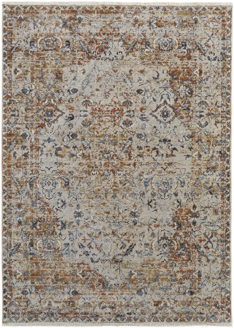 Tan Ivory And Orange Floral Power Loom Area Rug With Fringe Photo 1