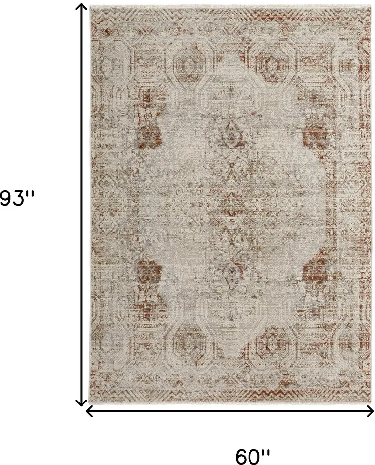 Tan Ivory And Orange Floral Power Loom Distressed Area Rug With Fringe Photo 4