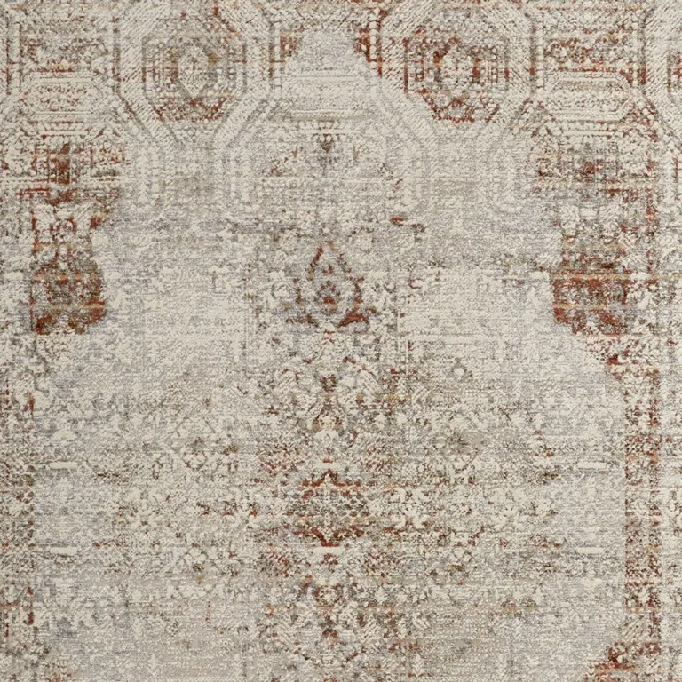 Tan Ivory And Orange Floral Power Loom Distressed Area Rug With Fringe Photo 3