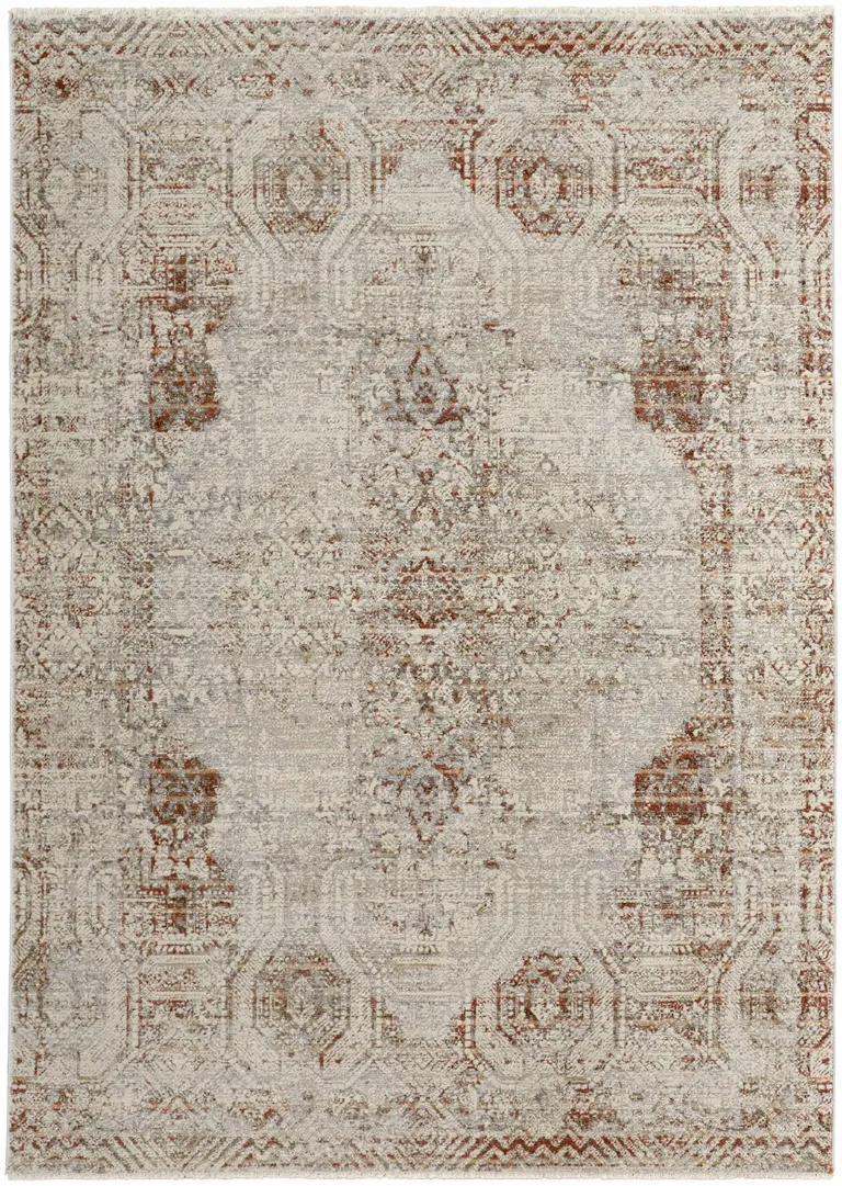 Tan Ivory And Orange Floral Power Loom Distressed Area Rug With Fringe Photo 1