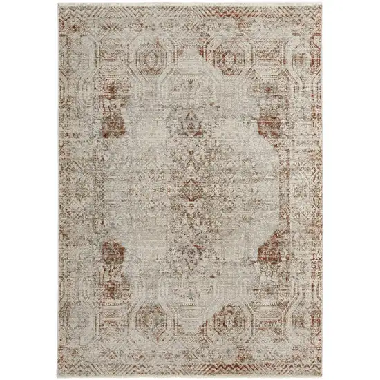 Tan Ivory And Orange Floral Power Loom Distressed Area Rug With Fringe Photo 1