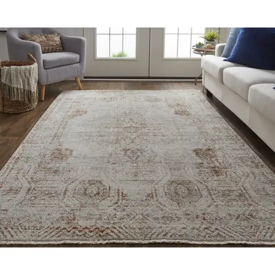 Tan Ivory And Orange Floral Power Loom Distressed Area Rug With Fringe Photo 5