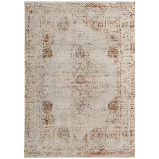 Tan Ivory And Orange Floral Power Loom Distressed Area Rug With Fringe Photo 1