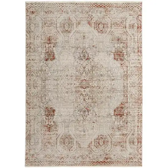 Tan Ivory And Orange Floral Power Loom Distressed Area Rug With Fringe Photo 2