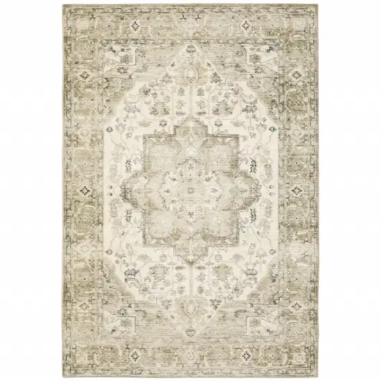 Tan Ivory Grey And Beige Oriental Power Loom Stain Resistant Area Rug Photo 1