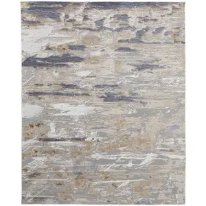 Photo of Tan Ivory and Blue Abstract Power Loom Worn Faded Area Rug