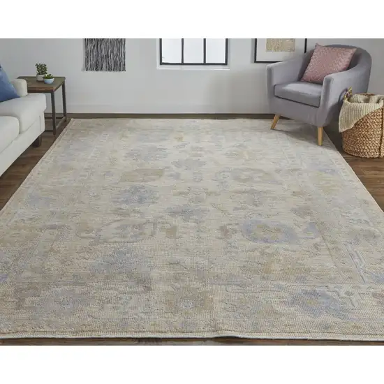 Tan Orange And Blue Floral Hand Knotted Stain Resistant Area Rug Photo 3