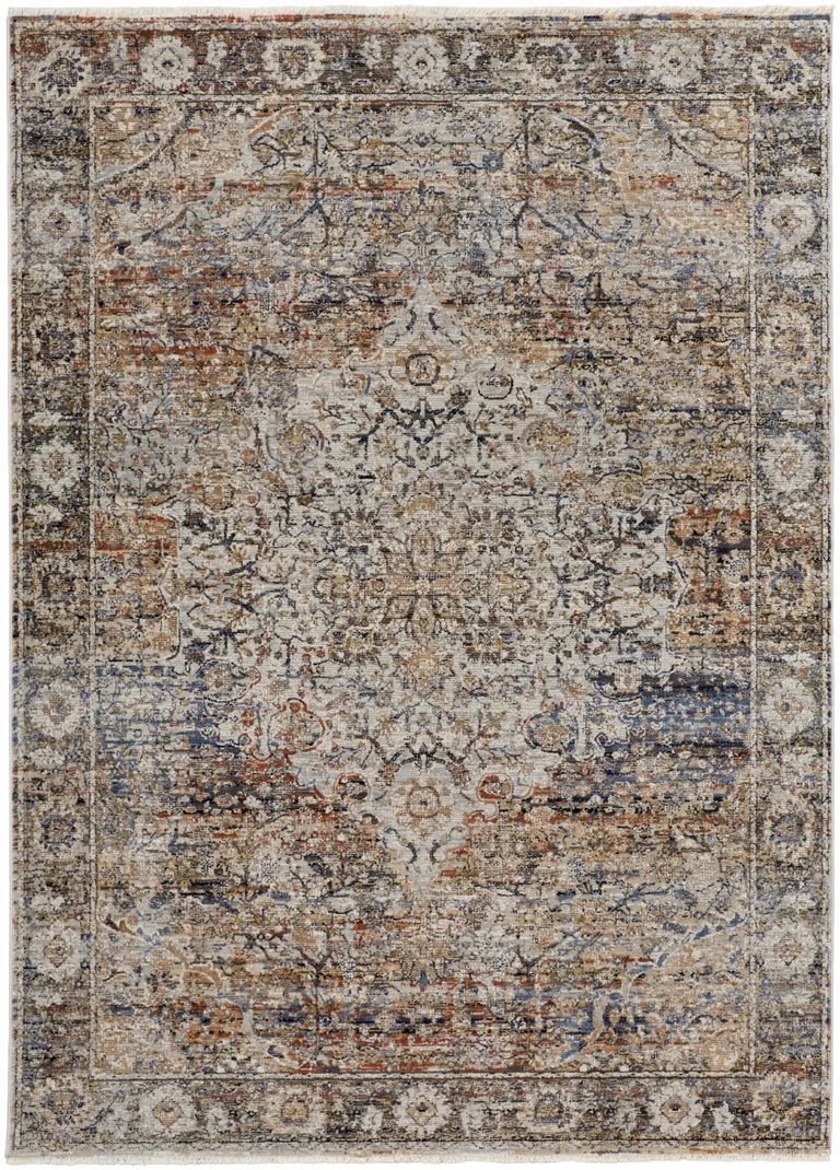 Tan Orange And Blue Floral Power Loom Distressed Area Rug With Fringe Photo 3