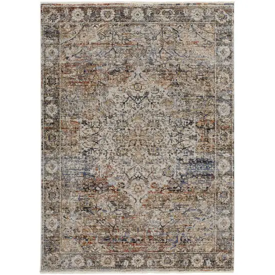 Tan Orange And Blue Floral Power Loom Distressed Area Rug With Fringe Photo 4