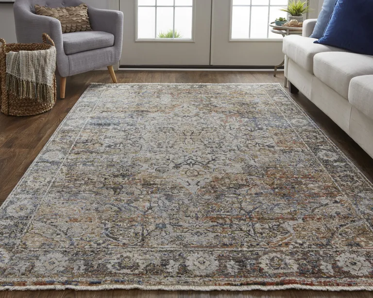 Tan Orange And Blue Floral Power Loom Distressed Area Rug With Fringe Photo 2