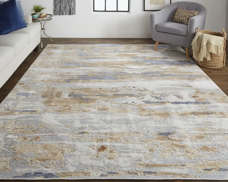 Tan Orange And Ivory Abstract Power Loom Distressed Area Rug Photo 5