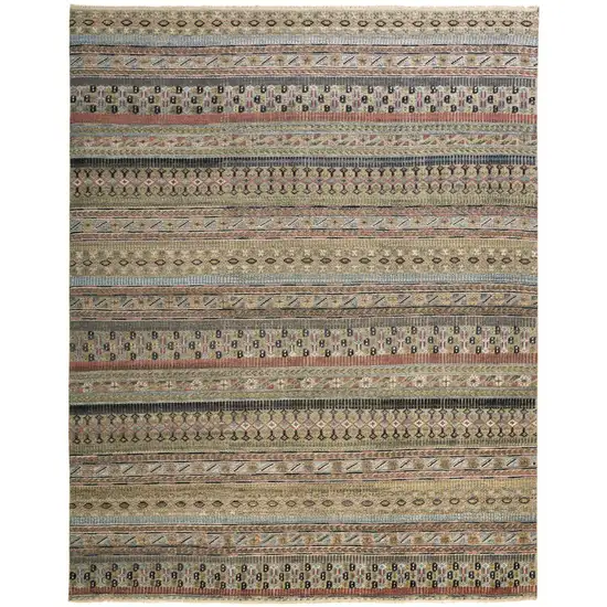 Tan Orange and Blue Striped Hand Knotted Area Rug Photo 2