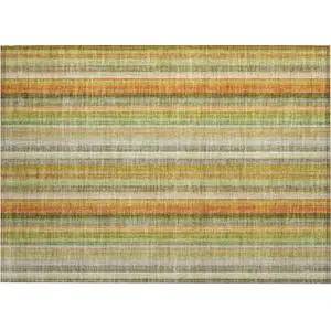 Photo of Tan Orange and Green Striped Washable Non Skid Indoor Outdoor Area Rug