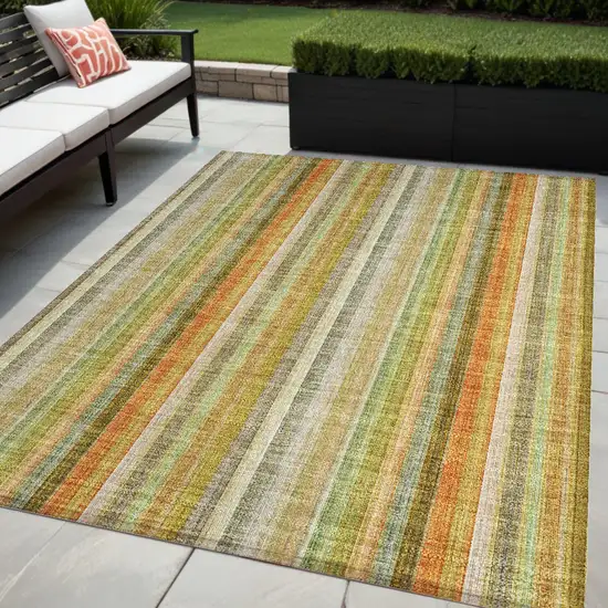 Tan Orange and Green Striped Washable Non Skid Indoor Outdoor Area Rug Photo 1