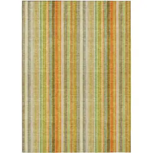 Photo of Tan Orange and Green Striped Washable Non Skid Indoor Outdoor Area Rug