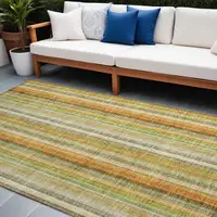 Photo of Tan Orange and Green Striped Washable Non Skid Indoor Outdoor Area Rug