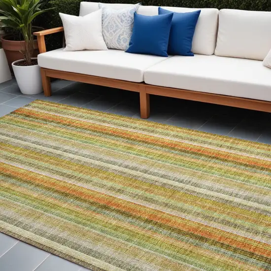 Tan Orange and Green Striped Washable Non Skid Indoor Outdoor Area Rug Photo 1