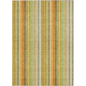 Photo of Tan Orange and Green Striped Washable Non Skid Indoor Outdoor Area Rug