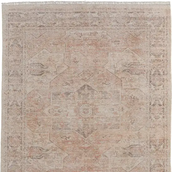 Tan Orange and Ivory Oriental Hand Woven Distressed Area Rug With Fringe Photo 5