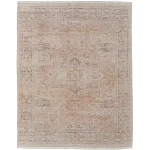 Photo of Tan Orange and Ivory Oriental Hand Woven Distressed Area Rug With Fringe