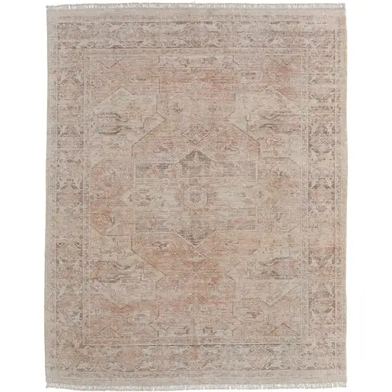 Tan Orange and Ivory Oriental Hand Woven Distressed Area Rug With Fringe Photo 2