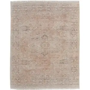 Photo of Tan Orange and Ivory Oriental Hand Woven Distressed Area Rug With Fringe