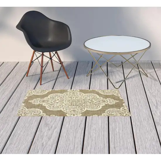 Tan Oriental Stain Resistant Indoor Outdoor Area Rug Photo 2