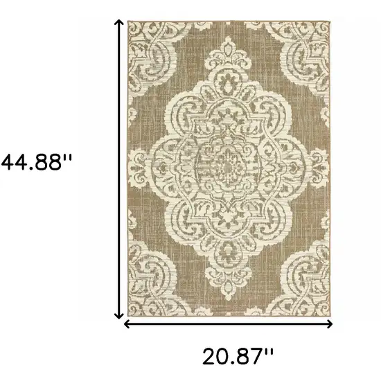 Tan Oriental Stain Resistant Indoor Outdoor Area Rug Photo 5