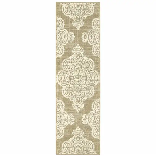 Tan Oriental Stain Resistant Indoor Outdoor Area Rug Photo 1