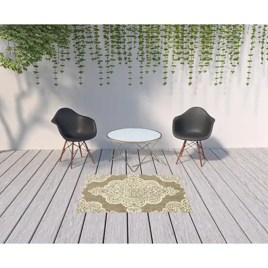 Tan Oriental Stain Resistant Indoor Outdoor Area Rug Photo 2