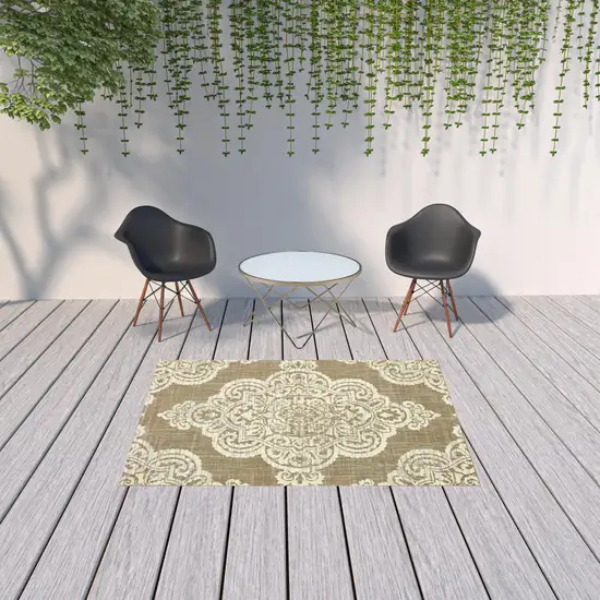 Tan Oriental Stain Resistant Indoor Outdoor Area Rug Photo 2