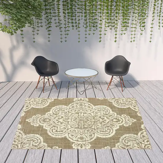 Tan Oriental Stain Resistant Indoor Outdoor Area Rug Photo 2