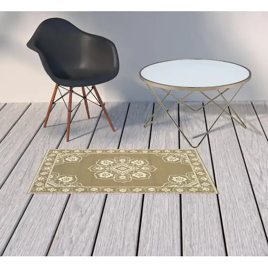 Tan Oriental Stain Resistant Indoor Outdoor Area Rug Photo 2