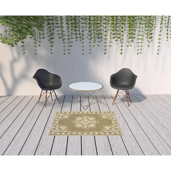 Tan Oriental Stain Resistant Indoor Outdoor Area Rug Photo 2