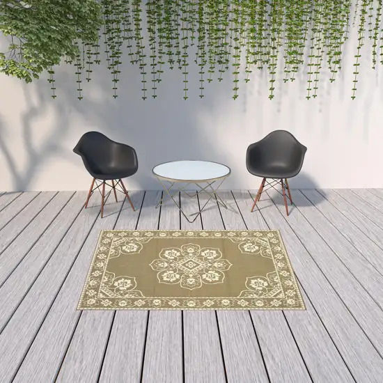 Tan Oriental Stain Resistant Indoor Outdoor Area Rug Photo 2