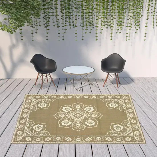 Tan Oriental Stain Resistant Indoor Outdoor Area Rug Photo 2