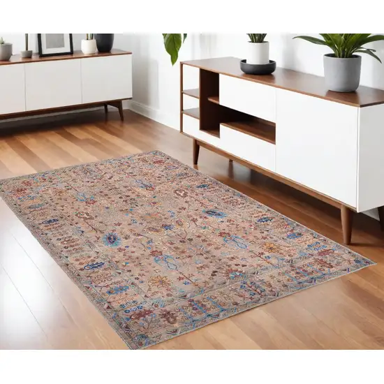 Tan Pink And Blue Floral Power Loom Area Rug Photo 1