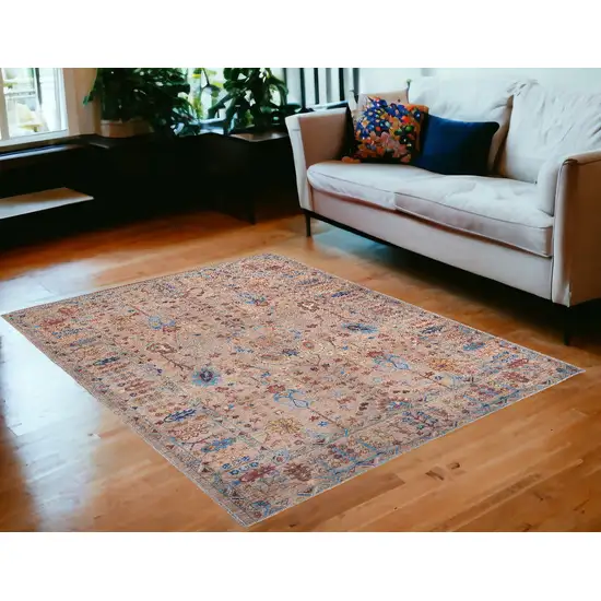 Tan Pink And Blue Floral Power Loom Area Rug Photo 1