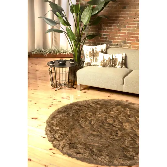 Tan Round Faux Fur Washable Non Skid Area Rug Photo 3